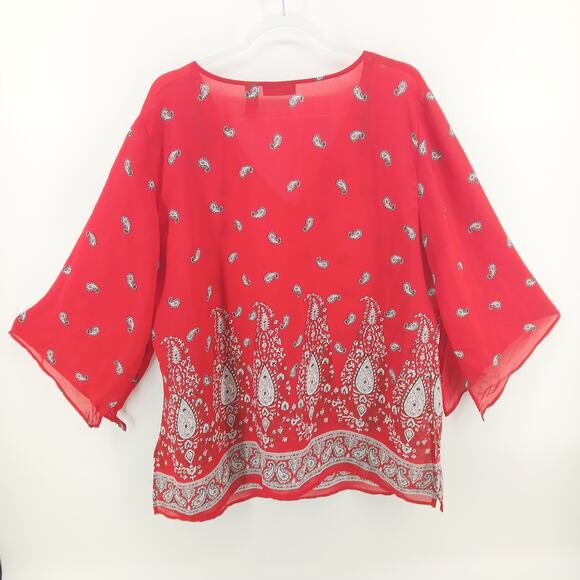 Apostrophe Red Paisley Print 3/4 Sleeve Sheer Sequin Oversize Blouse Womens 1X - Picture 6 of 9